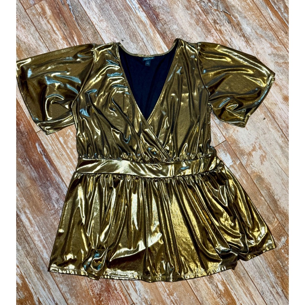 Torrid Womens 1X Gold Metallic Liquid Shine Peplum Top Surplice Party
